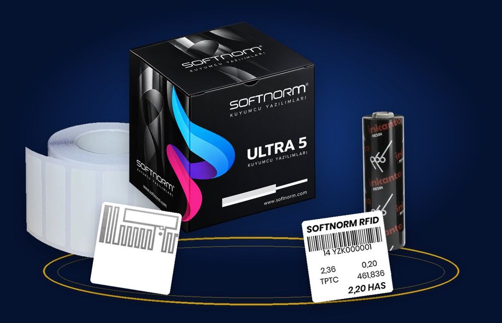 Softnorm Ultra 5 etiket kutusu, ribon, etiket rulosu ve RFID etiketler